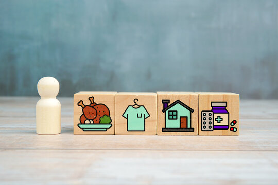 Basic human needs concept with wooden blocks showing icons of food, clothing, housing and healthcare beside a person figure.