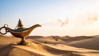 Fototapeta premium Golden Magic Lamp Emitting Smoke on Desert Sand Dunes at Sunset, Symbolizing Wishes and Fantasy