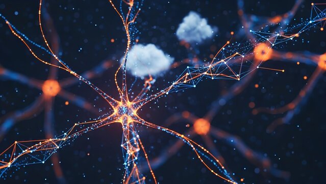 Abstract Neural Network with Glowing Connections and Clouds.