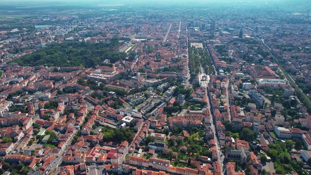 Aerial view around the old town in the city Nancy in France on a sunny  summer morning.