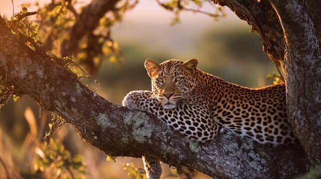 Leopard female rests in a tree at sunrise in Masai Mara, Kenya.