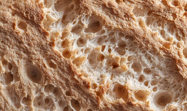 Intricate Macro View of Bread Crumb Structure, Revealing a Complex Network of Irregular Pores and Golden-Brown Textures.