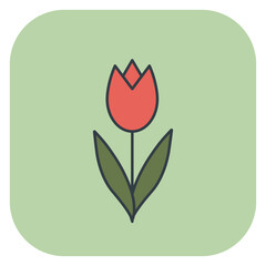 Red tulip flower with green leaves icon isolated on light green background. Vector illustration for spring design