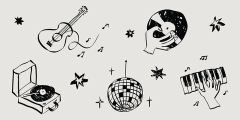 Hand drawn whimsical music and party sketch collection. Vintage doodles in simple crayon style. Grunge musical instruments and symbols. Chalk vector illustration © Olga Rai