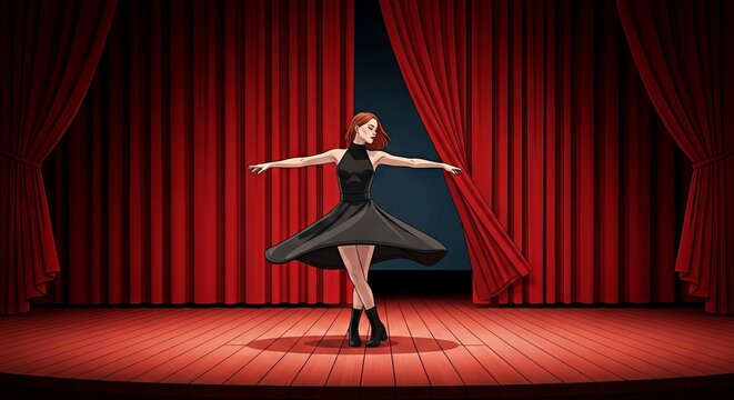 Female dancer twirling on stage before red curtains in theater  