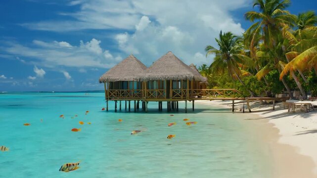 Idyllic view of a luxury island accommodation showing marine life and gentle waves against stilts