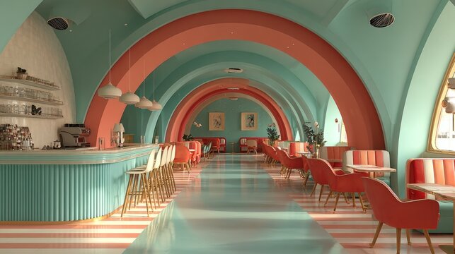 Retro Diner Interior Design with Pastel Arches and Booth Seating Capturing a Nostalgic Ambiance
