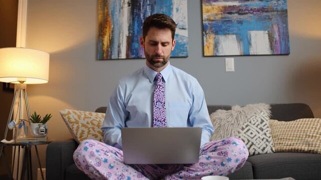 Man Working from Home Wearing Dress Shirt and Pajama Pants
