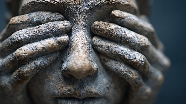 A close-up of a stone sculpture of a face with hands covering its eyes.