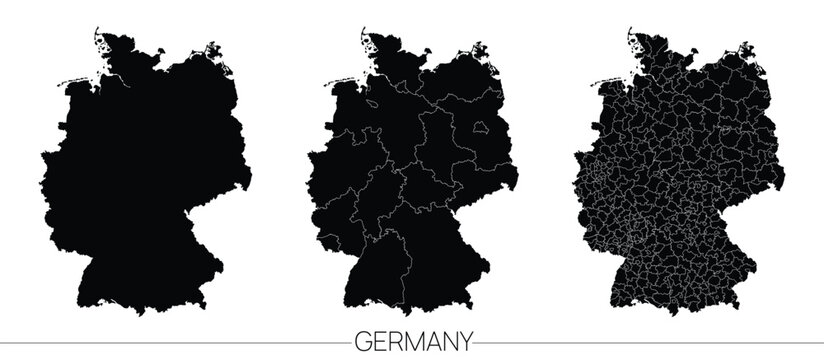 Administrative map of Germany showing federal states and districts, vector illustration of black outline of the country on white background