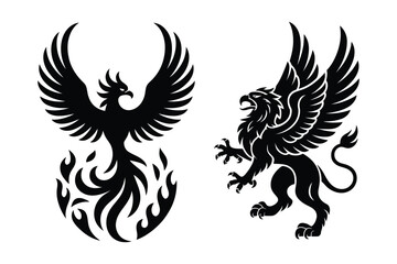 Fototapeta premium Mythical creatures: phoenix in flames and griffin heraldic icon