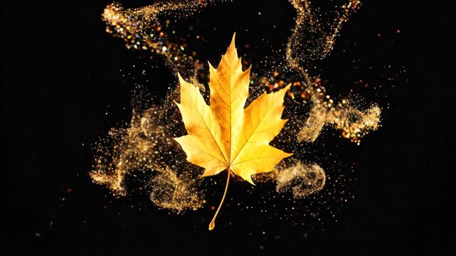 A luminous, golden leaf suspended against a stark black backdrop with particle effects