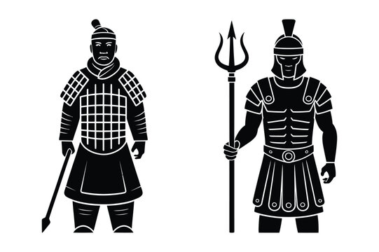 Ancient warrior icon: chinese terracotta soldier and roman legionary