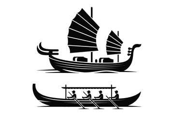 Ancient chinese junk and rowing boat vector illustration