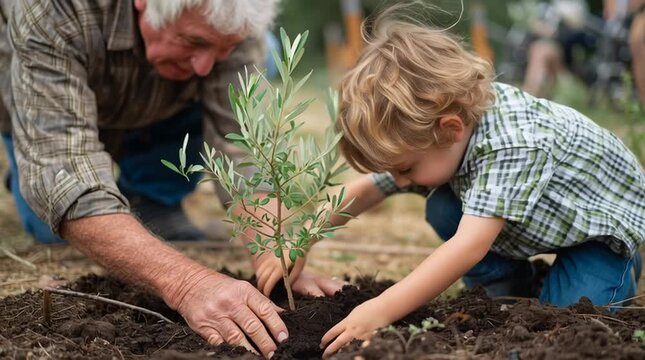 A heartwarming video of a man and a young boy planting a tree together in a beautiful outdoor setting.
