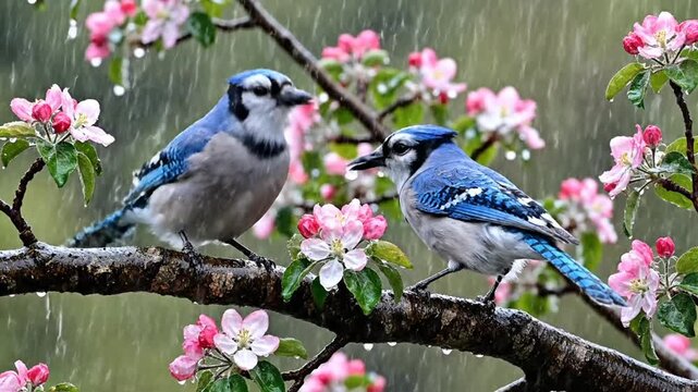 Two blue jays perched on flowering tree branch in rain.