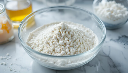 A glass bowl filled with white flour on a marble countertop surrounded by ingredients for baking