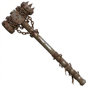 A heavily rusted and spiked war hammer featuring metal chains and barbed wire wrapped around its handle. Ideal for dark fantasy or post-apocalyptic themes, isolated on white.