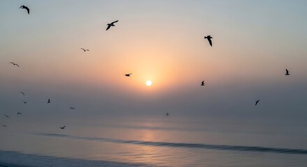 Fototapeta premium Seagulls flying over serene ocean sunset.