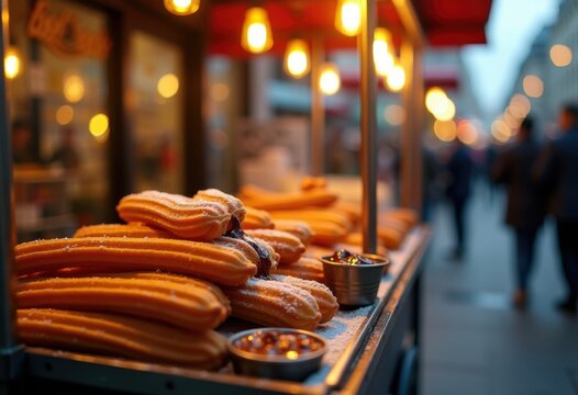 Churros on Street Vendor Cart with Decadent Chocolate Dip Urban Culinary Delight