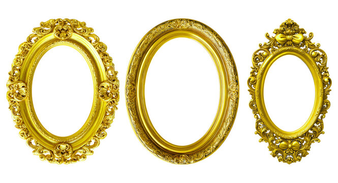Set of decorative vintage oval gold frame png, golden photo frame on a transparent cut-out background