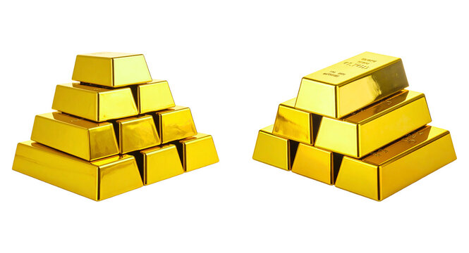 Isolated shiny gold bars stacked in a pyramid, wealth, investment, savings concept, precious metal