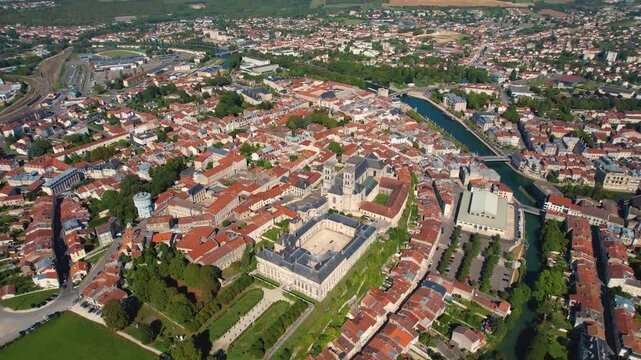 Aerial view around the old town of the city Verdun in France on a sunny late summer.