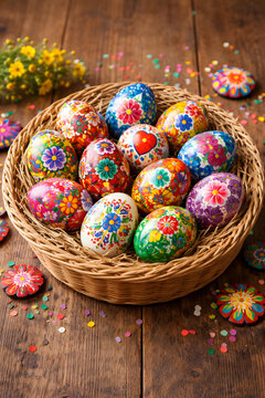 Basket filled with colorful Mexican folk art Easter eggs on rustic wooden table, vibrant floral patterns and festive spring decoration, traditional craft style, bright holiday still life.
