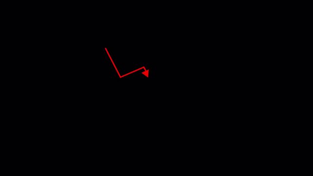Red zigzag arrow moving downward on dark background symbolizing financial decline, stock market crash, economic recession chart animation 