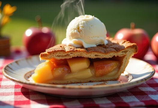 Rustic Apple Pie Slice with Vanilla Ice Cream on Classic Checkered Picnic Cloth