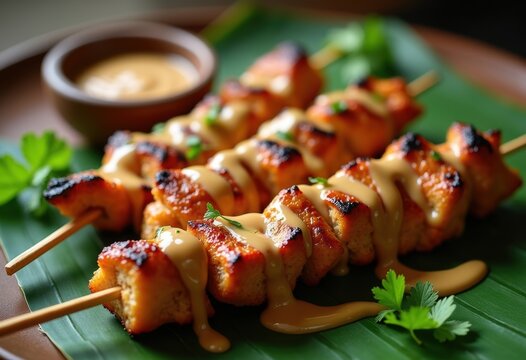 Sizzling Chicken Satay Skewers Drizzled in Velvety Peanut Sauce on Banana Leaf Platter
