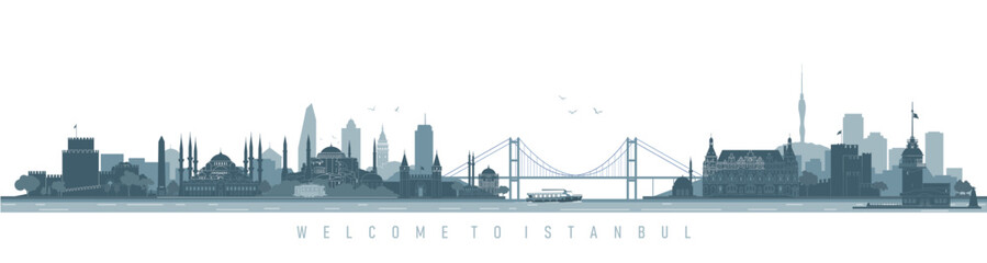 Naklejka premium Vector illustration of Istanbul's historical landmarks, skyline, and city silhouette.