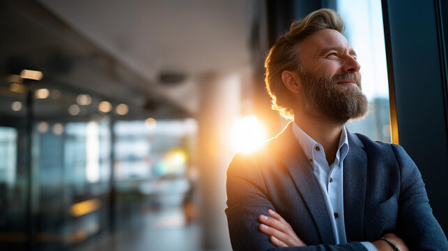 Faceless businessman from behind in a bright corporate lobby or upper floor office area standing at a tall window with arms loosely crossed and looking upward toward the light