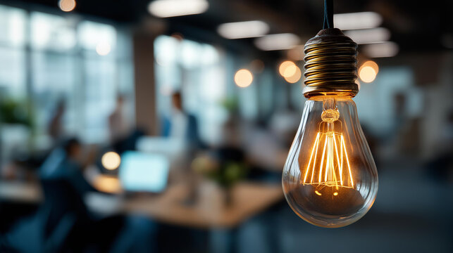 Close up of a single glowing light bulb in a bright modern open plan workspace the bulb's warm filament in vivid focus while the workspace environment behind it shows