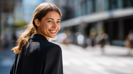 Faceless happy businesswoman from behind on a bright urban street posture upright and energetic the clean modern city environment around her vivid and optimistic bright midday