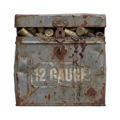 An old, heavily rusted and weathered metal 12 gauge ammunition box filled with dirty shotgun shells, isolated on a white background. Features peeling paint and "12 GAUGE" text.