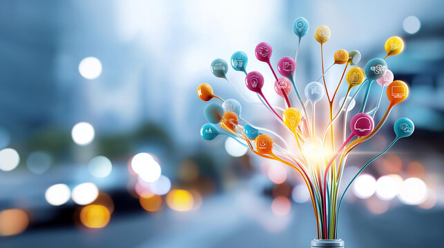 Abstract wide visualization of creative innovation and inspiration a bright glowing central idea node radiating colorful concept branches outward in all directions