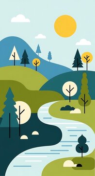 Serene landscape with river and trees.