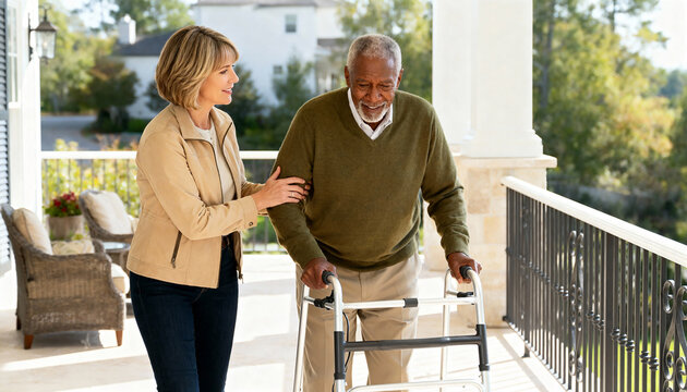 Senior African American man walking with a walker assisted by a female caregiver on a porch. Elderly patient and woman smiling during rehabilitation. Home care and mobility support concept