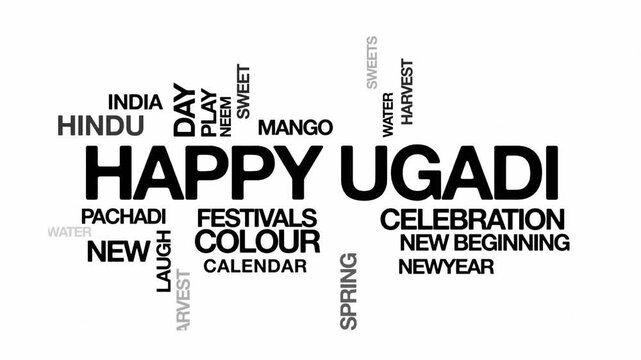 Happy ugadi concept Animated Tag Word Cloud kinetic typography, Text Design Animation typography seamless loop video motion graphics Intro Wordart festive black type on white background bg backdrop