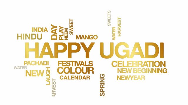 Happy ugadi concept Animated Tag Word Cloud kinetic typography, Text Design Animation typography seamless loop video motion graphics Intro Wordart festive gold golden type on white background bg backd