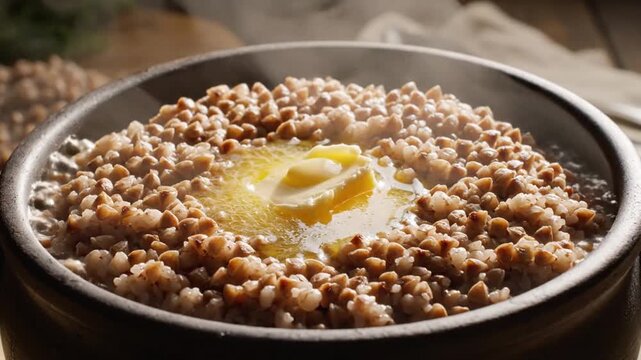 a bowl of bulgur with butter on top.