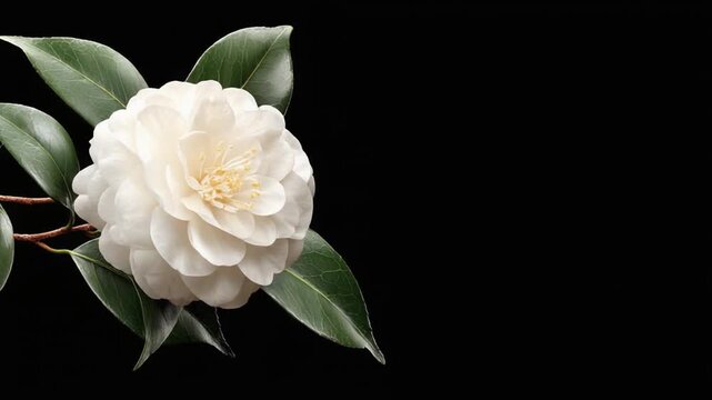 A white flower with green leaves and a brown stem on a stark black background