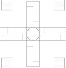 Technical landscape architectural plan showing geometric plaza design with central circular element, cross-shaped pathways and corner planting areas with hatched patterns. © Riki