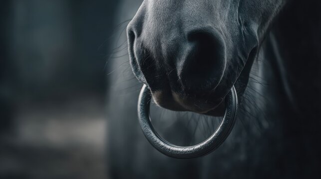 Close-up of a horse's muzzle with a worn metal riding bit