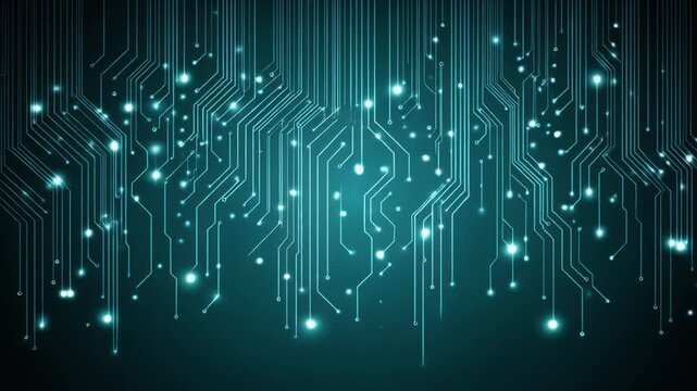 Glowing digital circuitry with bright lines and nodes on a dark turquoise background
