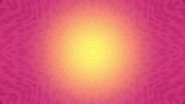 Warm sunrise color kaleidoscope with glowing pink, orange and golden tones forming a soft symmetrical mandala. Abstract radiant motion background inspired by dawn light and vibrant morning sky.
