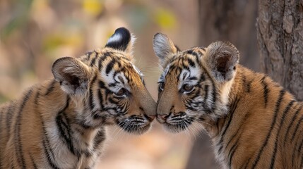 Cute baby Bengal tigers play in the Indian jungle.