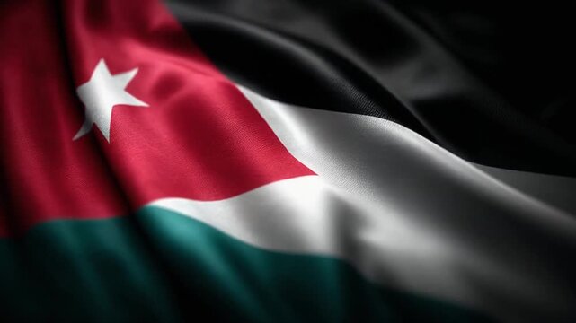 Waving flag with red triangle, a white star, black, white, and teal colors are visible