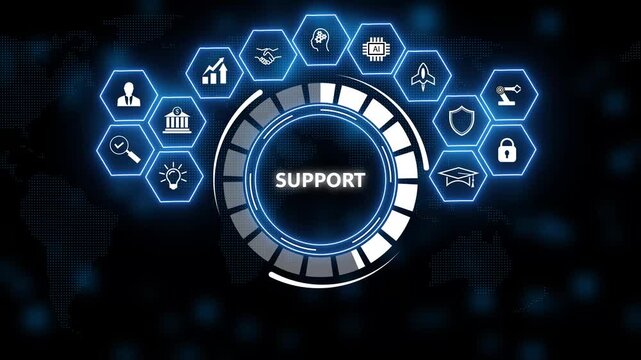 Futuristic blue digital interface with central support button and hexagonal icons for tech services, security, cloud, analytics and assistance on dark background.